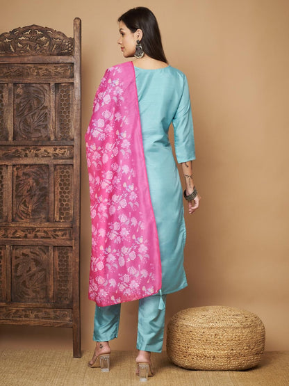 Women Straight Kurta with Floral Print Dupatta